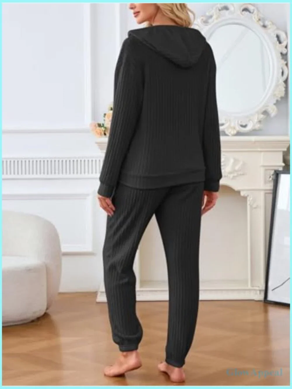 2 Piece Ribbed Knit Pajama Set Hoodie Jogger Pants Pockets